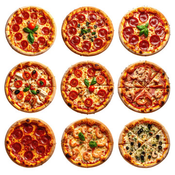 Nine delicious, diverse pizzas with various toppings, each looking appetizing