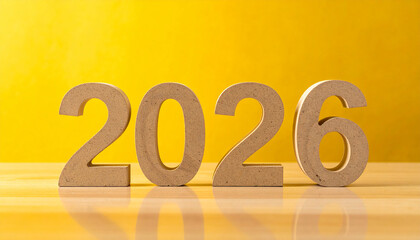 Wooden number 2026 on table, yellow background. New Year celebration concept.