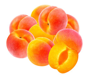 a close grouping of fresh, juicy apricots, featuring varied coloring from orange to pink, including a delicious halved fruit composition.