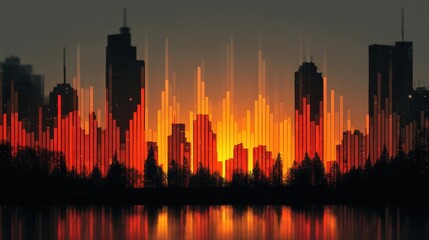 Vibrant Sunset Reflection with City Skyline and Abstract Audio Waves