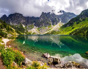 Tranquil mountain lake reflects majestic peaks under a dramatic sky, showcasing verdant slopes and clear waters