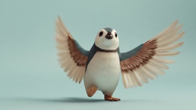 Animated penguin with outstretched wings against a simple background