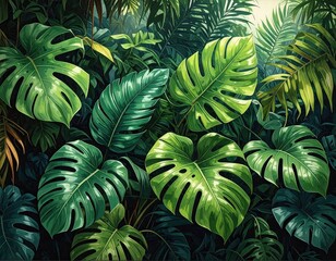 Lush Green Monstera Leaves Abundant Tropical Foliage Background with Ferns Jungle Plants in Close Up High Angle View Under Soft Natural Lighting