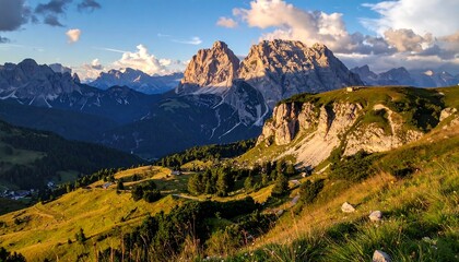 A breathtaking panorama of majestic mountains and lush green valleys bathed in golden sunlight during sunset. This landscape offers a serene view