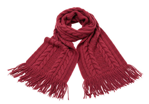 Isolated knit scarf in maroon with fringe, a classic winter accessory for warmth and fashion