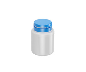 White plastic medicine bottle with blue flip cap, health and wellness., 3d illustration