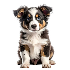 Fototapeta premium Adorable puppy with blue eyes and tri-color fur, sitting on a solid black background