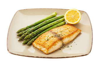 Isolated grilled fish fillet on plate, lemon slice and fresh asparagus, healthy eating