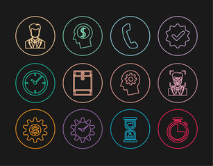 Set line Stopwatch, Face recognition, Telephone handset, Envelope, Clock, User of man in business suit, Human head with gear inside and Business planning mind icon. Vector
