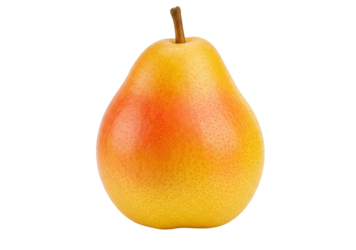Isolated single whole ripe pear with stem, vibrant orange yellow gradient color fruit