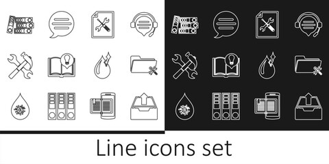 Set line Upload inbox, Folder service, File document, Interesting facts, Crossed hammer and wrench, Office folders, Clean water drop and Speech bubble chat icon. Vector