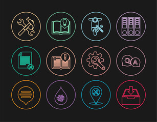 Set line Download inbox, Question and Answer, Scooter service, Interesting facts, File document, Crossed hammer wrench, Wrench gear and icon. Vector