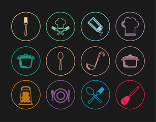 Set line Kitchen whisk, Cooking pot, Salt and pepper, Spoon, Fork, ladle and Chef hat fork icon. Vector