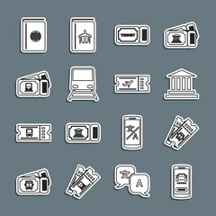 Set line Online car sharing, Bus ticket, Museum building, Ticket, Train, Cover book travel guide and Airline icon. Vector