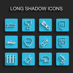 Set line Bullet, Military dog tags, Submarine, helmet, Radar, Chevron and Aviation bomb icon. Vector