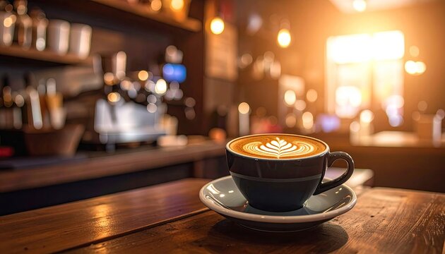 Latte Art In Blue Cup At Coffee Shop With Bokeh Background On Wooden Table Top Under Warm Bright Lighting
