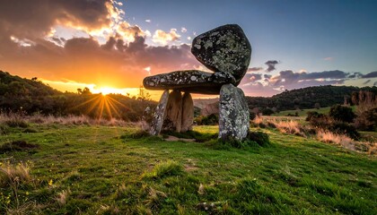 A dramatic sunset bathes an ancient stone structure in golden light, set in a grassy field with rolling hills and scattered vegetation