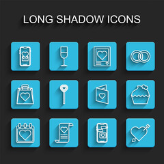 Set line Calendar with heart, Envelope Valentine, Mobile, Amour and arrow, Lollipop, Wedding cake and Valentines day flyer icon. Vector