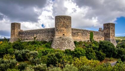 A fortress, built with stone and surrounded by lush green vegetation and a cloudy sky, showcasing historical construction