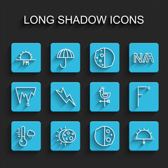 Set line Meteorology thermometer, Eclipse of sun, Sunset, Lightning bolt, Fahrenheit and Rooster weather vane icon. Vector