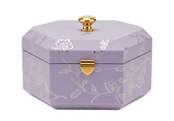 Isolated lavender jewelry box with golden clasp and decorative flowers, nobody around, stylish