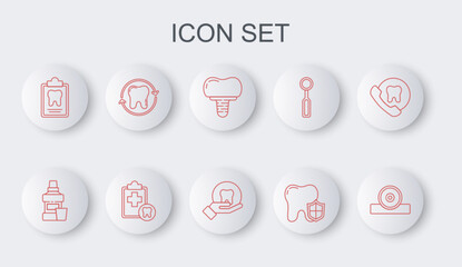 Set line Otolaryngological head reflector, Mouthwash bottle, Dental implant, protection, card, Tooth whitening, and icon. Vector