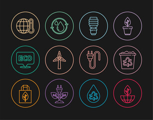 Set line Earth globe and plant, Recycle bin with recycle, LED light bulb, Wind turbine, Label for eco healthy food, Global warming, Electric plug and clean aqua icon. Vector