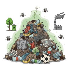 Environmental Pollution - A Cartoon Depiction of Waste and its Impact.