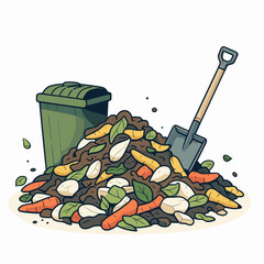 Compost pile with shovel in garden