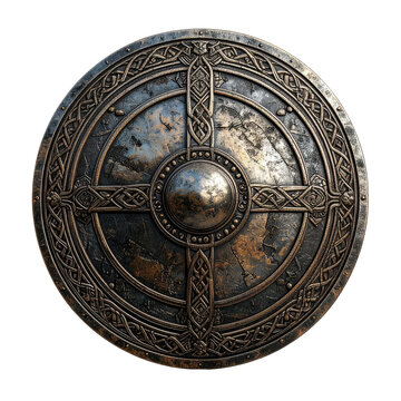 Weathered, circular shield with ornate cross design and metal details