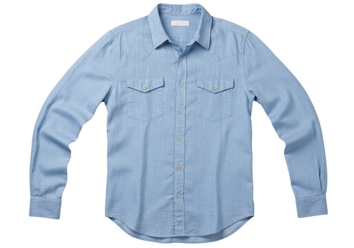 Isolated Light Blue Denim Shirt with Long Sleeves, Button Down Closure, Two Pockets, Classic Fit