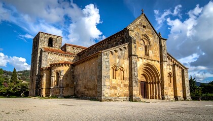 A low-angle view of an ancient church building on a bright, sunny day with puffy white clouds. The structure is made of stone