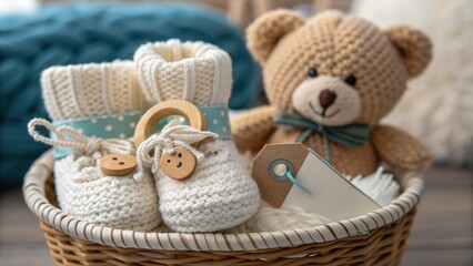 Fototapeta premium gender neutral baby shower Cozy baby items including booties and a teddy bear in a woven basket, perfect for newborn gift ideas.