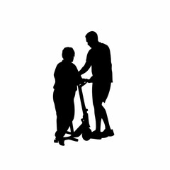 Silhouette of rehabilitation worker assisting patient on stationary bike isolated on white background