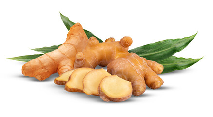 fresh ginger root, whole and sliced pieces, presented alongside green leaves, a healthy raw spice photograph isolated on black.