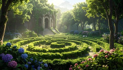 A meticulously maintained, sun-drenched garden with a hedge maze, leading to an arched building and a distant mountain backdrop