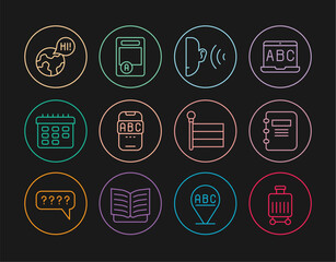 Set line Suitcase, Notebook, Ear listen sound signal, Foreign language online study, School timetable, Learning foreign languages, Flag and Exam sheet with A plus grade icon. Vector