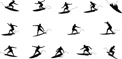 Silhouette of surfers performing tricks on waves, surfboard action poses, extreme ocean sport, summer beach adventure, surfing lifestyle and motion