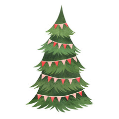 A watercolor illustration of a lush Christmas tree
