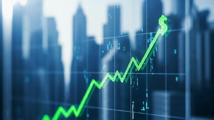 Digital financial graph showing an upward trend. Green line with dollar sign representing market success and investment growth. Economy and business prosperity concept in a city environment - Powered by Adobe