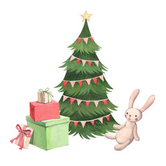 Watercolor illustration of a Christmas tree and gifts