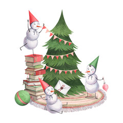 Cheerful snowmen decorate the tree and read letters