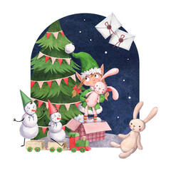A Christmas elf and snowmen are opening presents under the tree