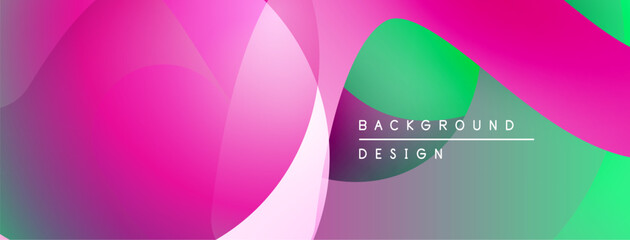 Abstract vibrant shapes overlap. Pink, green hues blend creating modern background design. Smooth gradients dominate composition.