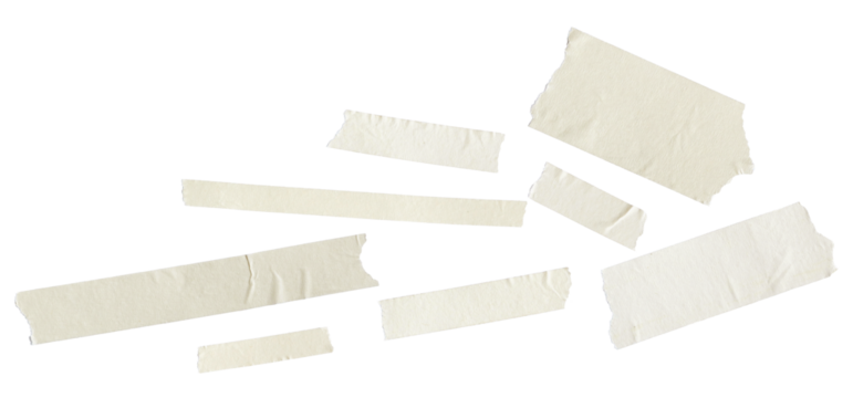 randomly scattered light cream masking tape fragments of various sizes with ripped edges, presented in a clean studio photograph isolated on black.