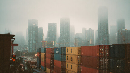 Stacked shipping containers in a foggy industrial cityscape with tall skyscrapers in the background