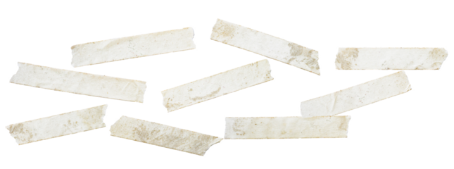 isolated photograph of multiple scattered, short pieces of grungy, aged beige masking tape with torn edges, arranged randomly on a transparent background.