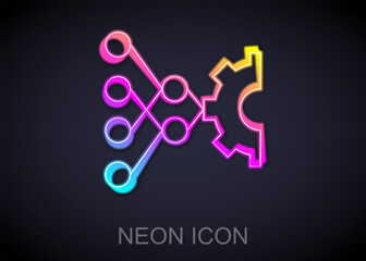 Glowing neon line Neural network icon isolated on black background. Artificial intelligence AI. Vector