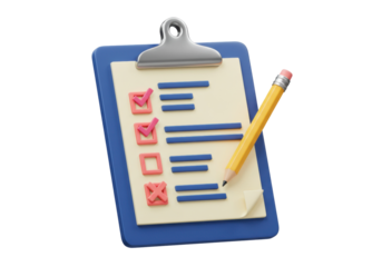 Blue clipboard with check marks and pencil isolated on white, task management and organization concept for business and education PNG