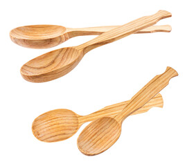 isolated photograph showing two different arrangements of overlapping pairs of handcrafted wooden kitchen spoons on a transparent background.